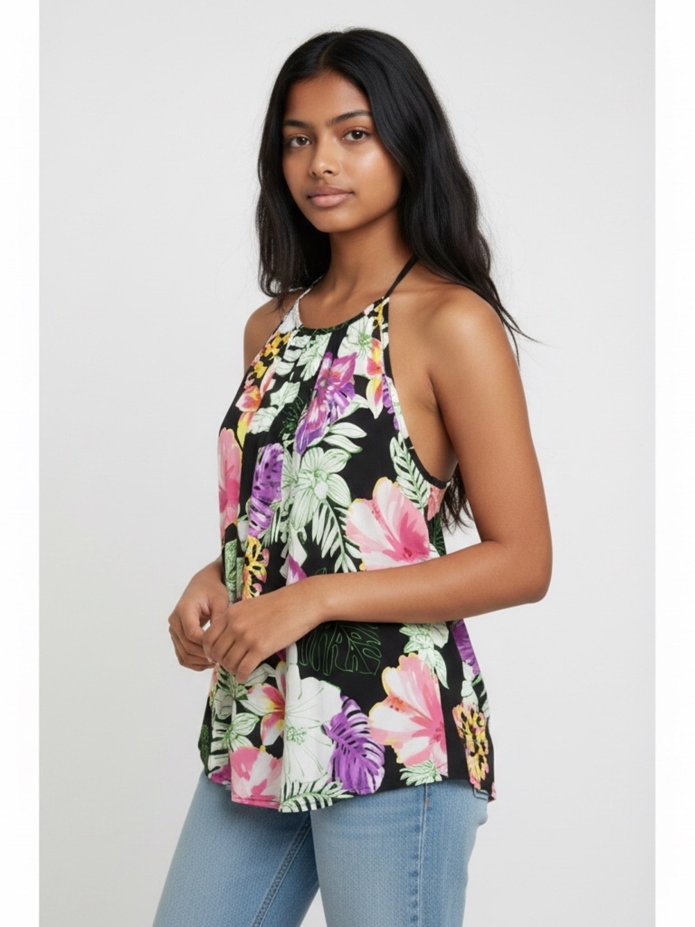 Violet & Claire Black Floral Racerback Tank with Pink and Purple Blooms